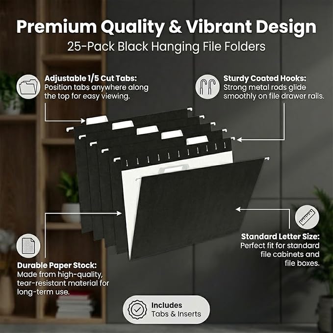 VZCPYTPM 25 Pack Hanging File Folders, Letter Size 8.5x11 Inch, Reinforced Rods - Image 3