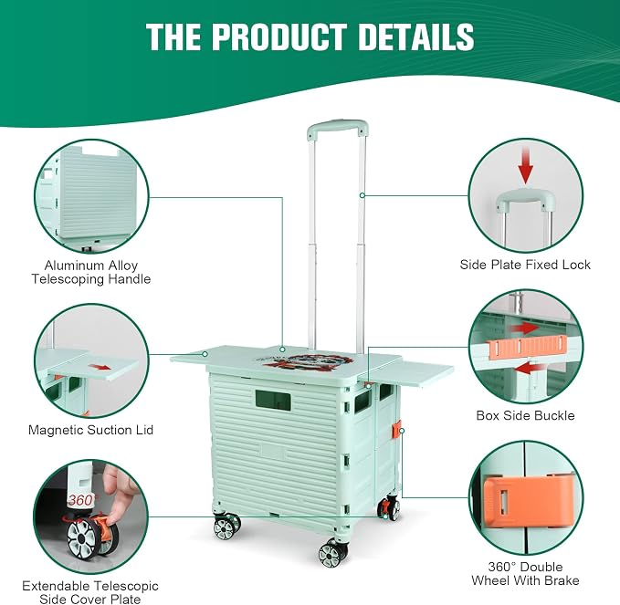 FELICON SELORSS Folding Utility Cart Portable Rolling Crate Handcart-Green | - Image 3