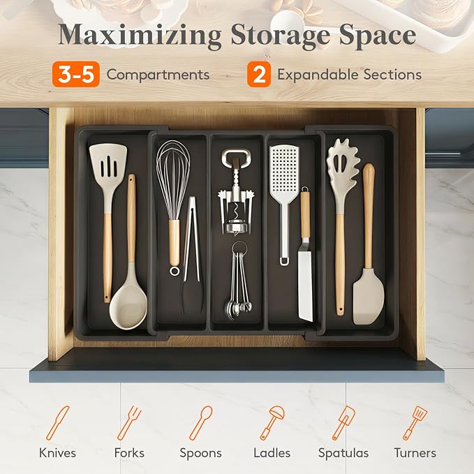 Lifewit Utensil Organizer, Expandable Kitchen Drawer Tray, Adjustable Cutlery - Image 3