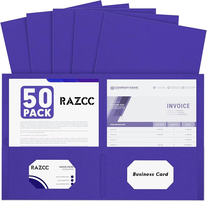 Two Pocket Folders, RAZCC 50 Pack 2 Pocket Folders Fit Letter Size Paper by RAZCC