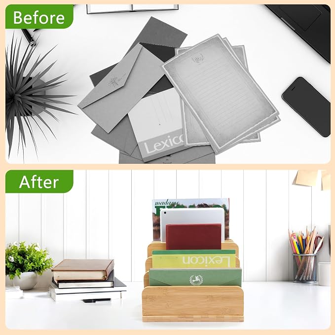 Desk File Mail Organizer Countertop, 5 Slots Bamboo Folder Sorter Holder - Image 3