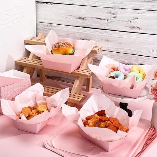 Geosar 100 Pcs Pink Paper Food Trays Bulk Disposable Food Boat - Image 4