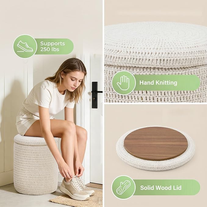 Wimarsbon Pouf Ottoman, 100% Cotton Knitted Boho Footstool, Round Footrest - Image 8