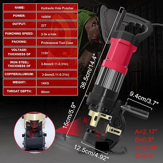 1400W Electric Hydraulic Hole Puncher, 22T Heavy Duty Hydraulic Hole Punch - Image 5