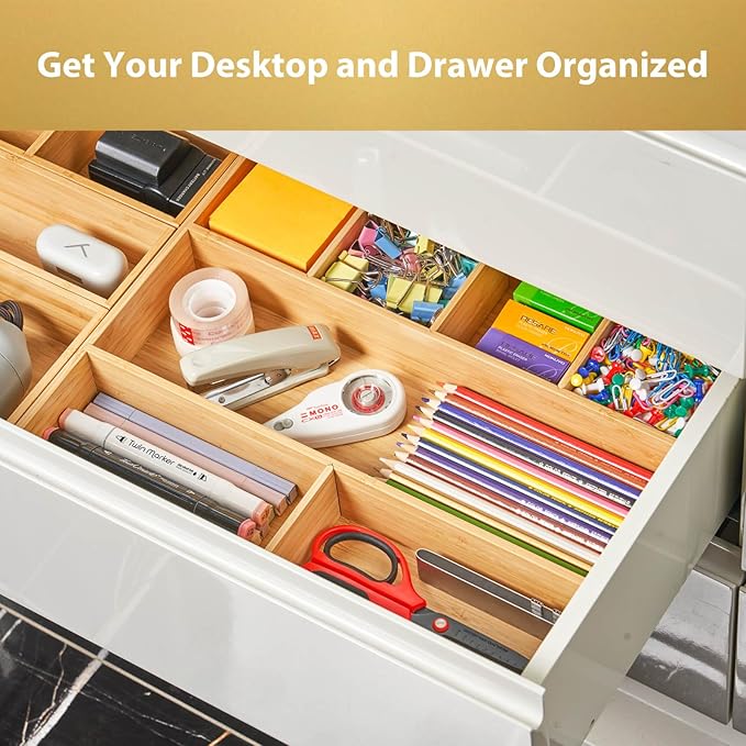 Umilife Large Bamboo Desk Drawer Organizer, Wood Office Junk Tray - Image 3
