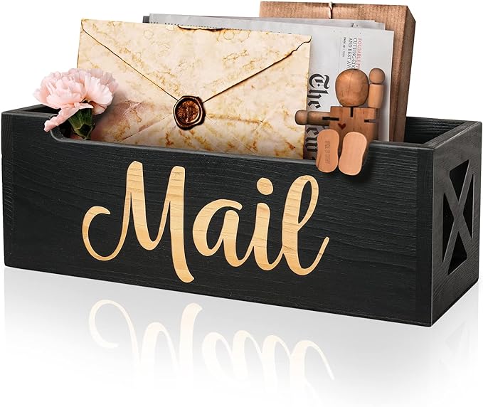 Mail Organizer Mail Holder Countertop, Rustic Wooden Mail Basket Mail Tray by Botop