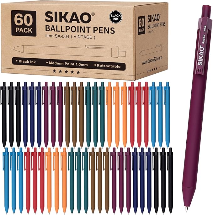 Pens Bulk, 60 Pack Retractable Ballpoint Pens Black Ink | 1.0mm Smooth Writing by Sikao