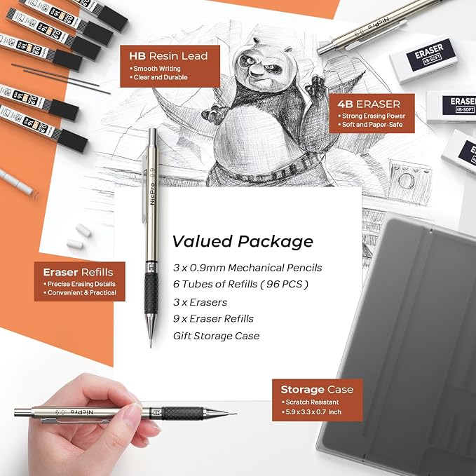 Nicpro 0.9 mm Art Mechanical Pencil Set in Storage Case, 3 Erasers - Image 4