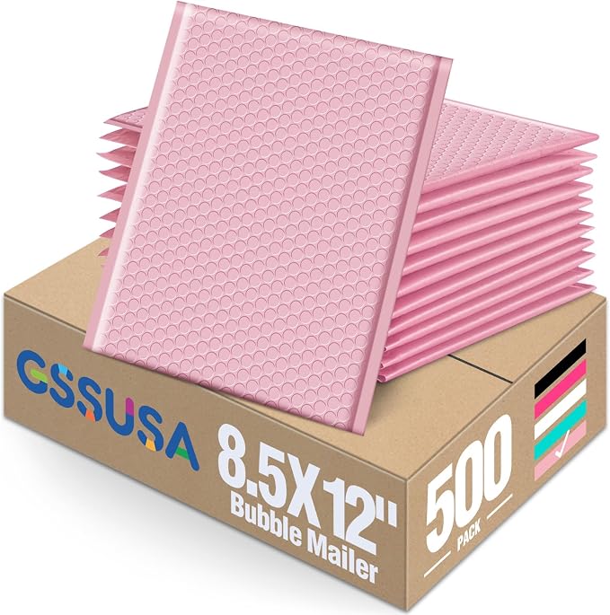 GSSUSA Light Pink Bubble Mailers 8.5X12 Inches 500 Pack, Padded Poly Bubble by GSSUSA