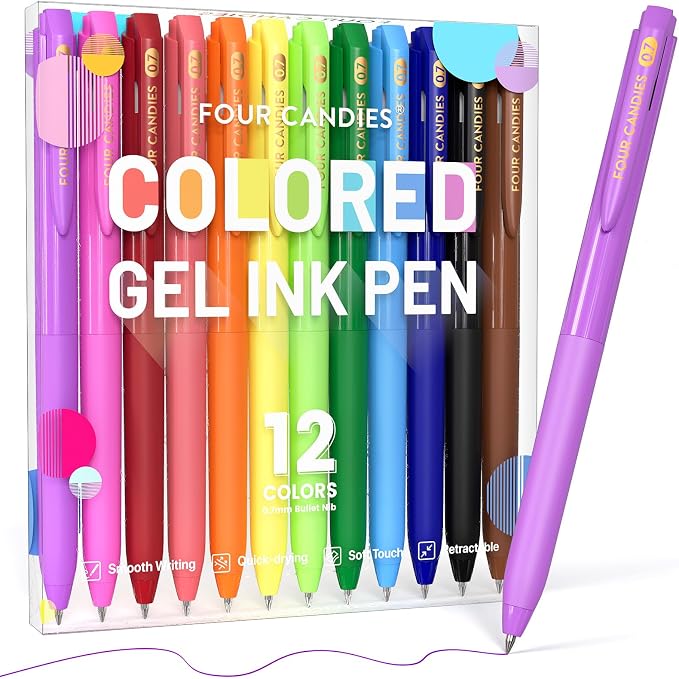 Four Candies Quick Dry Ink Colored Pens Set, 12 Colors Retractable Gel Pens by FourCandies