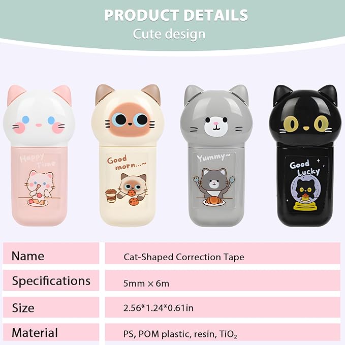white Corrcetion Tape, with Easy to Use Kawaii Cat Applicator, Cute Stationery - Image 7