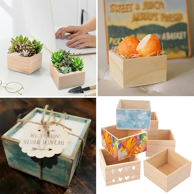 GNIEMCKIN 24 Pack 4 x 4 Inch Wooden Box, Unfinished Small Square Wooden Box - Image 7