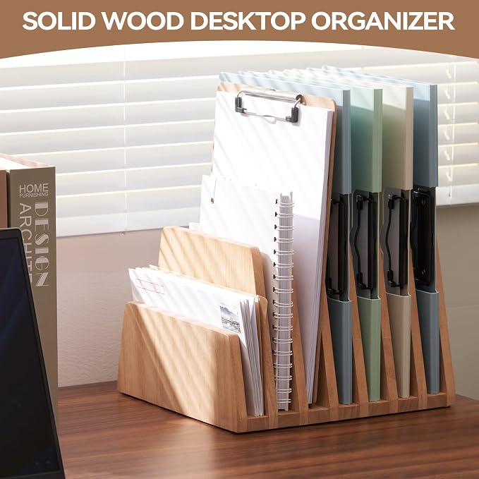 KIRIGEN Wooden Desk Mail Organizer, 7-Slot File Holder and Letter Sorter Wood - Image 2