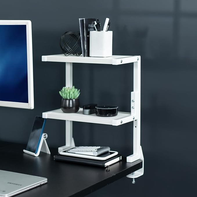 VIVO White Clamp-on 13 inch 2-Tier Desk Shelf, STAND-SHELF2CW | Above or Below - Image 9