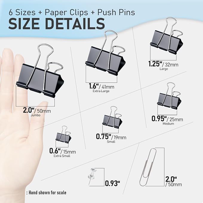 408 PCS Binder Clips Paper Clamps Assorted Sizes and Push Pins, Binding - Image 8