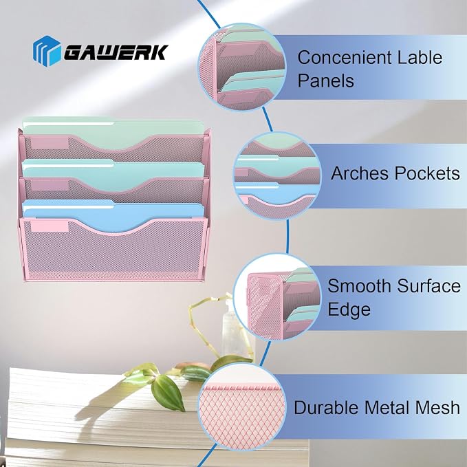 Gawerk 3 Tier Hanging Wall File Organizer, Mesh Mail Paper Orgnization Hanging - Image 3