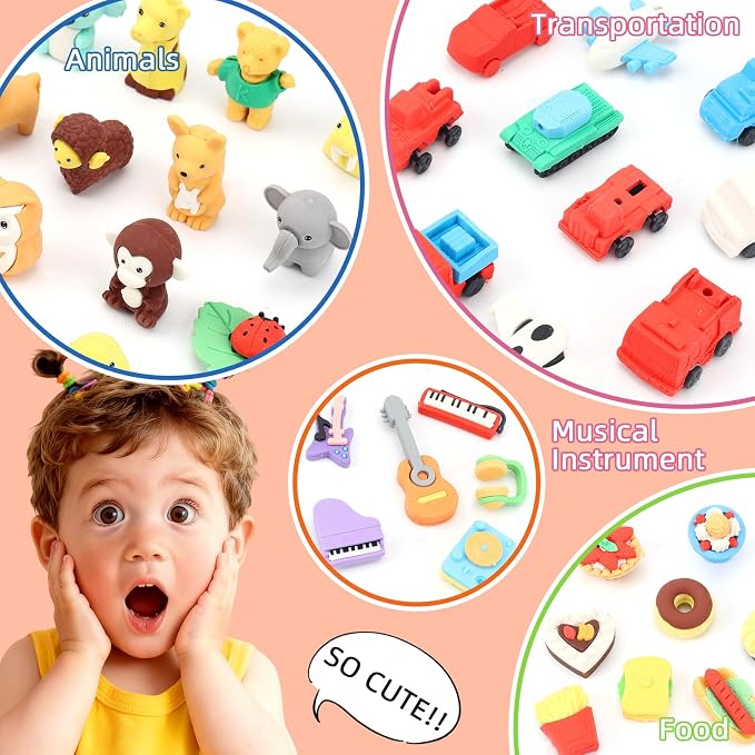 URSKYTOUS 120Pcs Animal Erasers Bulk Cute Food Erasers Desk Pets Kids Puzzle - Image 4