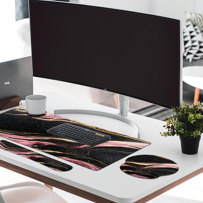 Britimes Pink Black Gold Marble Keyboard Mouse Pad Set 4in1 Large - Image 3
