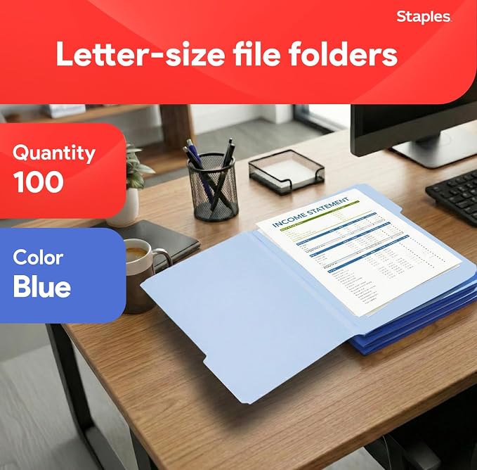 Staples File Folders, Letter Size, 1/3‑Cut Top Tabs, Durable 10.5‑Point Paper - Image 2
