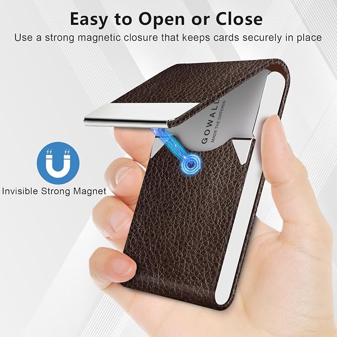 Business Card Holder with Magnetic Closure, Slim Metal PU Business Card Case - Image 2