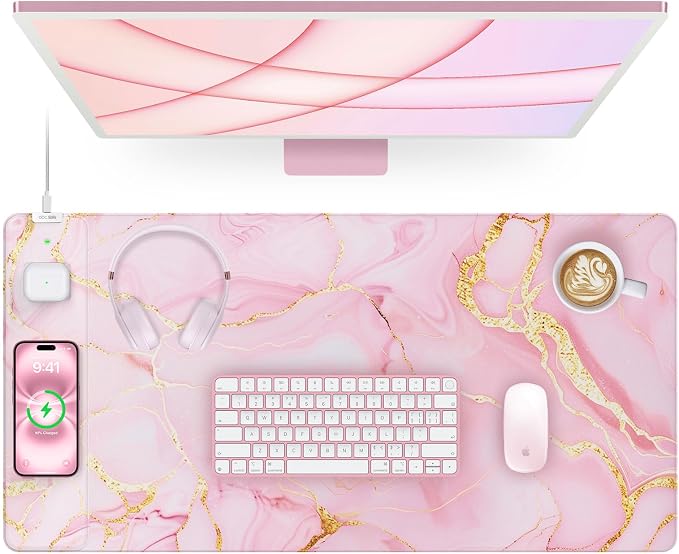 Pink Marble Mouse Pad with 15W Wireless Charging, 31.5"x15.8" Large Gaming Desk by abcmat