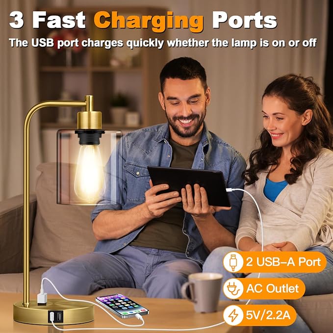 Nintiue Industrial Touch Table Lamps Set of 2-2 USB Ports & AC Outlet - Image 5