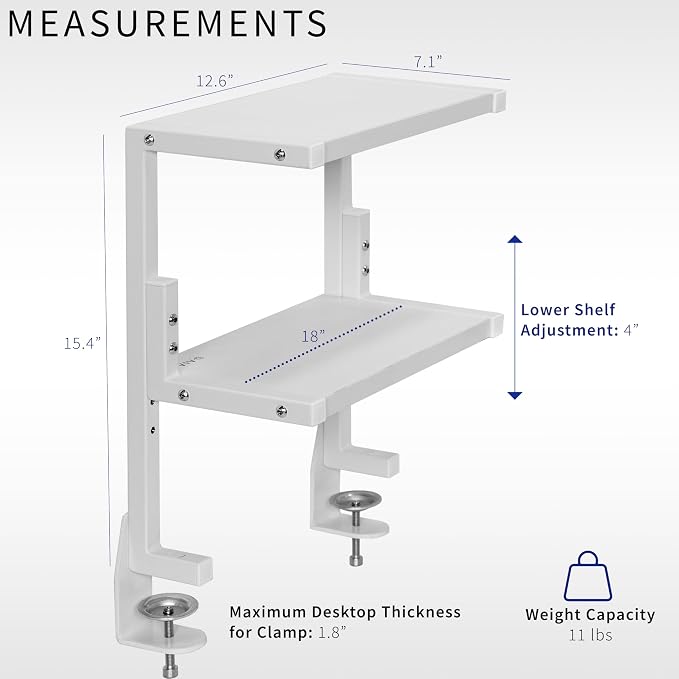 VIVO White Clamp-on 13 inch 2-Tier Desk Shelf, STAND-SHELF2CW | Above or Below - Image 3