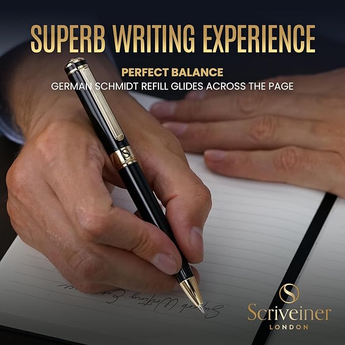 Scriveiner Black Lacquer Ballpoint Pen -Stunning Luxury Pen, Real Gold Plating - Image 4