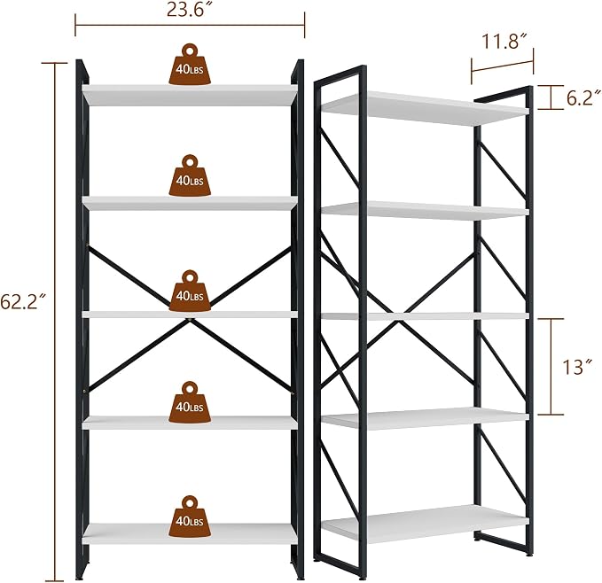 Shintenchi 5 Tiers Bookshelf, Classically Tall Bookcase Shelf, Industrial Book - Image 2