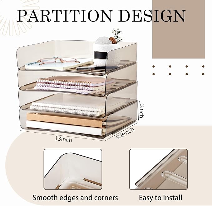 Harloon 4 Tier Clear Gray Acrylic Paper Organizer Letter Tray, Aesthetic - Image 2