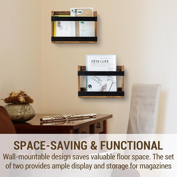 MyGift Set of 2 Rustic Burnt Wood and Matte Black Metal Wall-Mount Magazine - Image 3