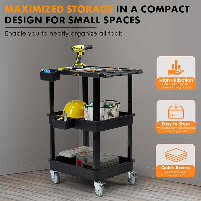 ELAFROS 3-Tier Flat Top & Deep Tub Rolling Utility Cart, 27.5 x 18.25 in | 330 - Image 4