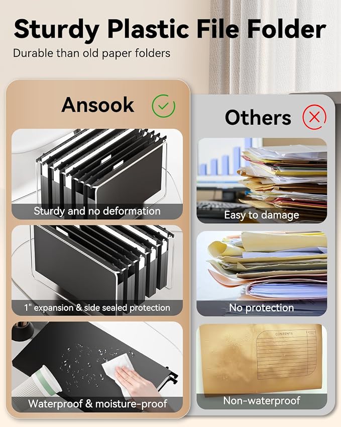 Ansook Plastic Legal Size Hanging File Folders, Reinforced 1" Expansion File - Image 2