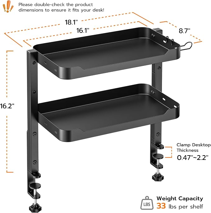 ARES WING 2-Tier Clamp On Desk Shelf, 16 inch Adjustable Above or Under Desk - Image 2