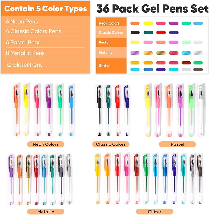 Taotree Glitter Gel Pens, 36 Colors Neon Glitter Pens, Colored Gel Markers | - Image 4