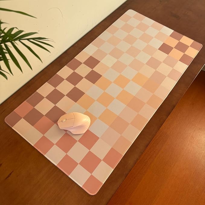 Checkered Boho Desk Mat Beige Pink Mouse Pad XXL Pastel Retro Large Mouse Pad - Image 7