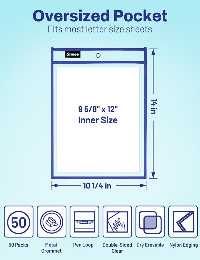SUNEE 50 Packs Oversized Reusable Dry Erase Pocket Sleeves - Image 2