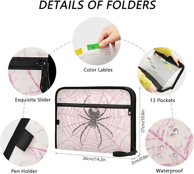 Black Spider on Pink Web Accordion File Organizer Expanding Document Folder - Image 3