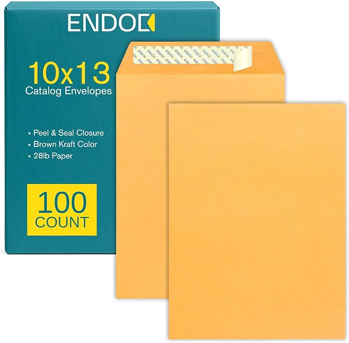 10x13 Brown Kraft Open End Envelopes Peel & Seal, 100 Pack, Self Seal Mailing by EnDoc