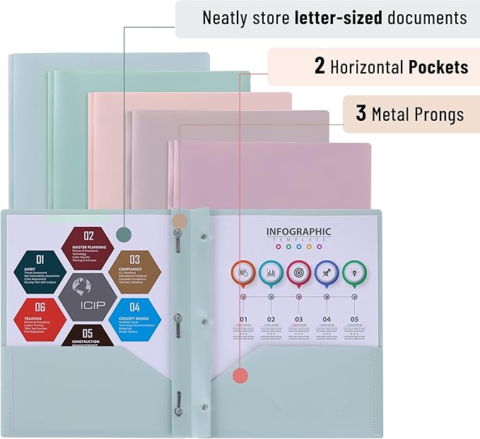 Mr. Pen- Plastic Folders with Pockets and Prong, 5 Pack | Muted Pastel Colors - Image 3