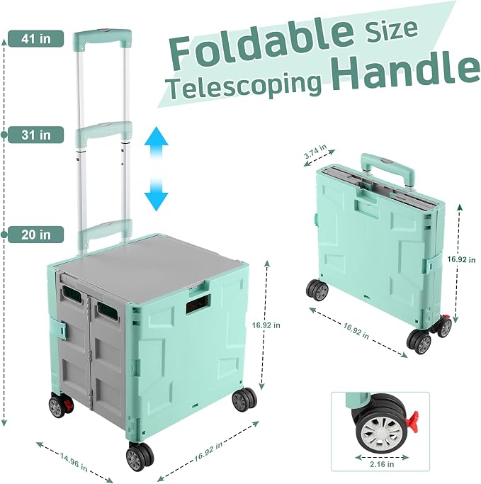 FELICON Folding Utility Cart Rolling Crate Handcart Basket Tote-Green+Gray | - Image 3