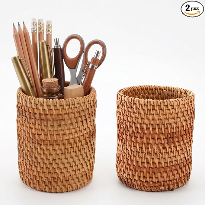 Okllen 2 Pack Rattan Pencil Holder, Handmade Wicker Pen Cup Makeup Brushes by Okllen