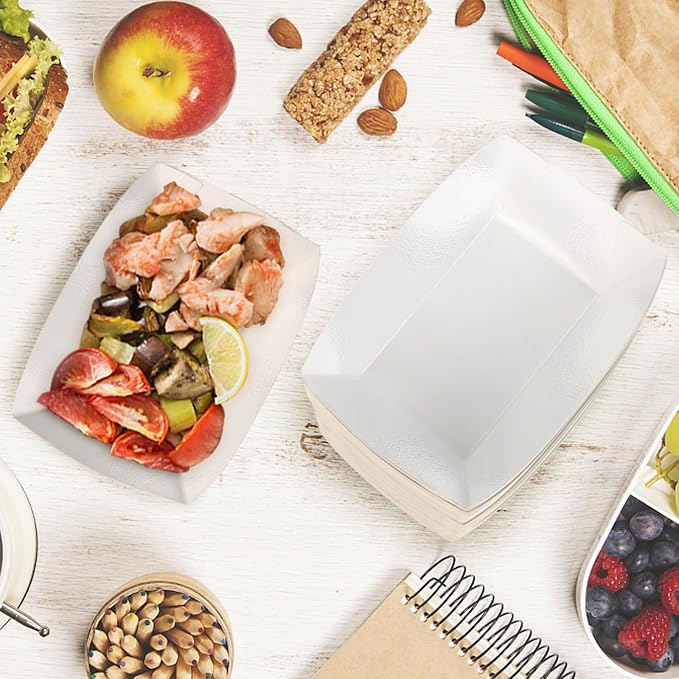 Oomcu 100 Pack 3 lb Heavy Duty Disposable Kraft White Paper Food Trays - Image 2