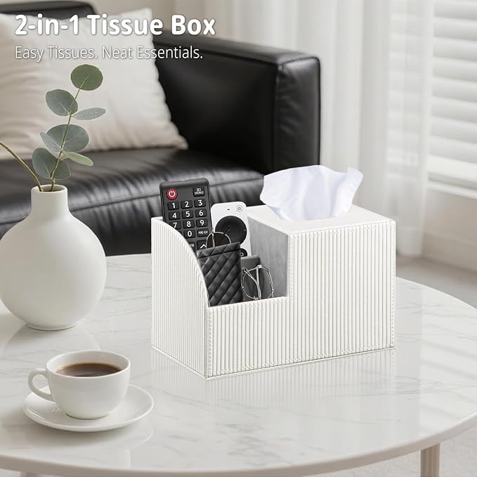 Square Tissue Box Cover with Storage, PU Leather Cube Tissue Box Holder - Image 3