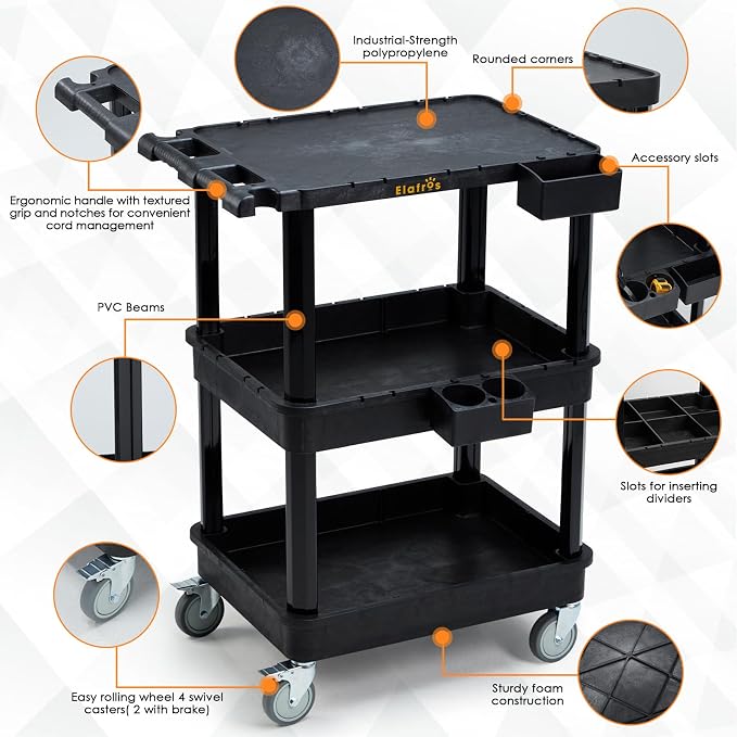 ELAFROS 3-Tier Flat Top & Deep Tub Rolling Utility Cart, 27.5 x 18.25 in | 330 - Image 3