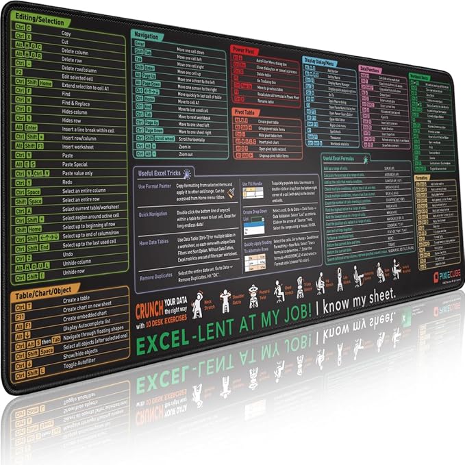 Pixiecube Excel Cheat Sheet Desk Pad | Excel Shortcut Keys Mouse Pad | Extended by PIXIECUBE