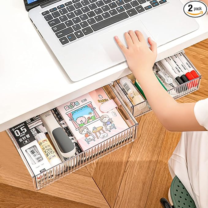 2Pcs Under Desk Storage Drawers Slide Out, Large&Medium, Stick On Drawers by TooCust