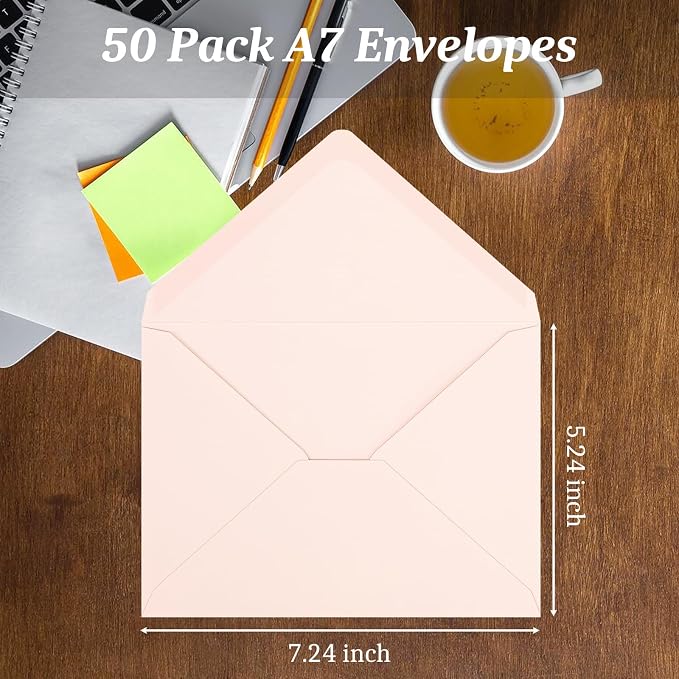 50 Pack A7 Envelopes, Blush Pink Greeting Card Envelopes Self Seal, 5.24 x 7.24 - Image 3