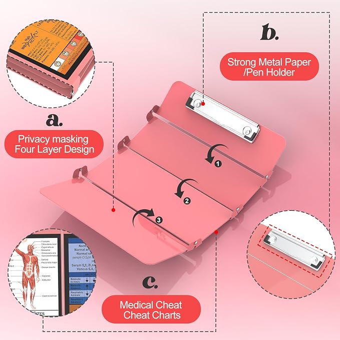 Nursing Clipboard Foldable, Quad-Fold Aluminum, Pocket Size, Dark Pink | - Image 4