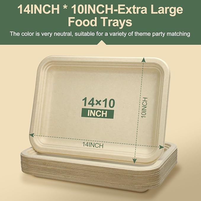 Disposable Paper Plates, 30 Pack Bagasse Food Trays, 14 Inch Compostable & - Image 2